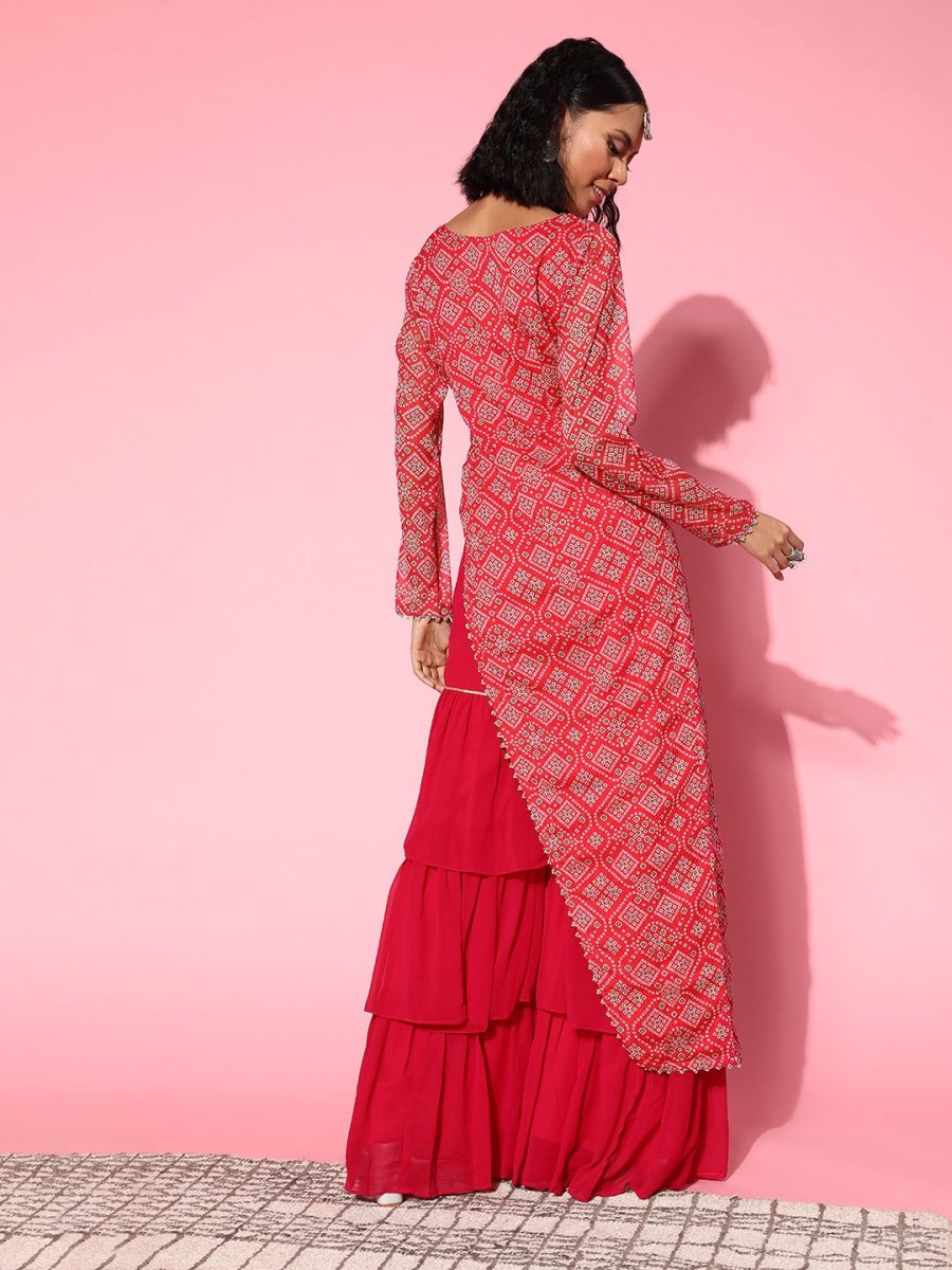 Women Bandhani Poly-Chiffon Asymmetric Hemline Kurta Set - Inddus.com