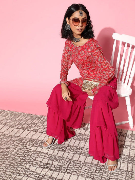 Women Bandhani Poly-Chiffon Asymmetric Hemline Kurta Set - Inddus.com