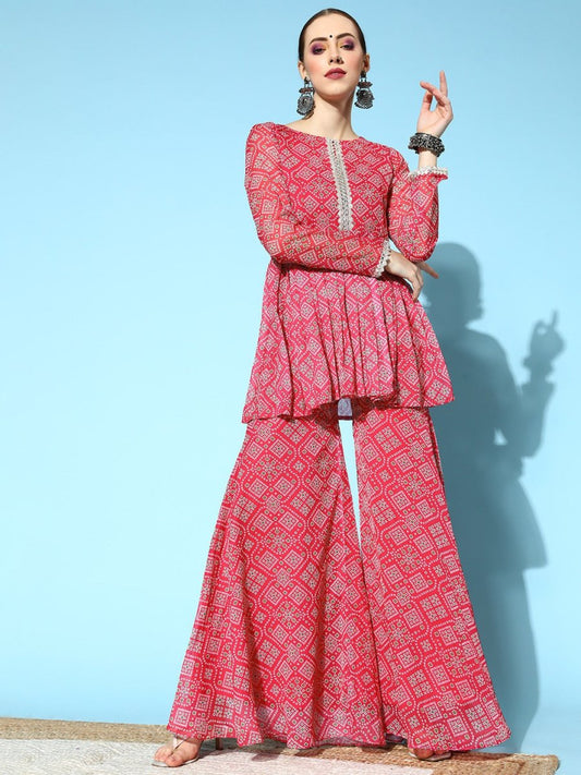 Women Bandhani Poly-Chiffon Print Parade Kurta Set - Inddus.com