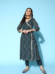 Women Bandhani Printed Angrakha Kurta with Trousers - Inddus.com