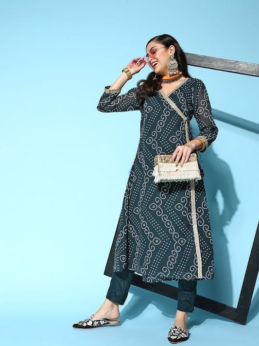 Women Bandhani Printed Angrakha Kurta with Trousers - Inddus.com