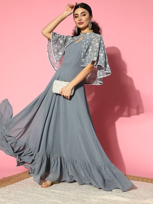 Women Beautiful Grey Solid Swirling Volume Dress - Inddus.com