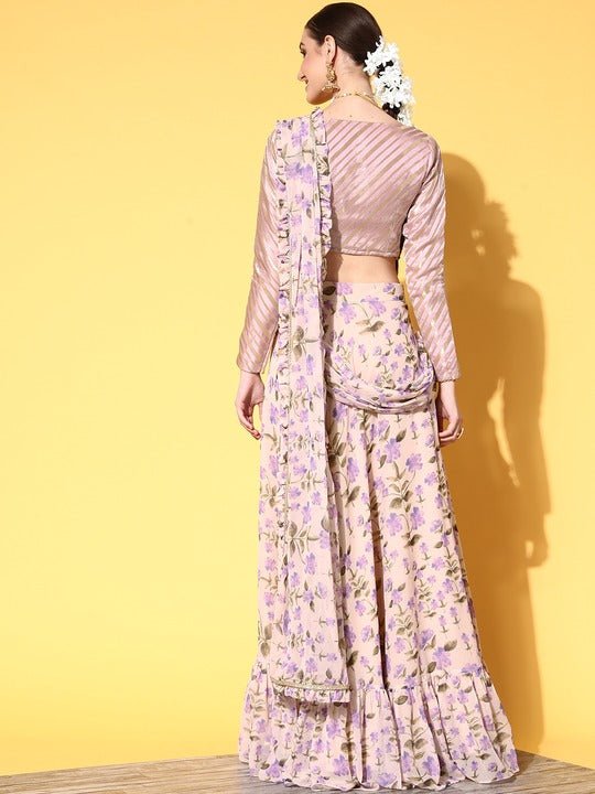 Women Beige and Lavender Floral Print Skirt Drape Ruffle Saree with Woven Design Blouse piece - Inddus.com