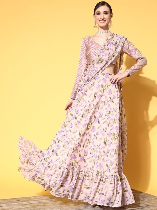 Women Beige and Lavender Floral Print Skirt Drape Ruffle Saree with Woven Design Blouse piece - Inddus.com