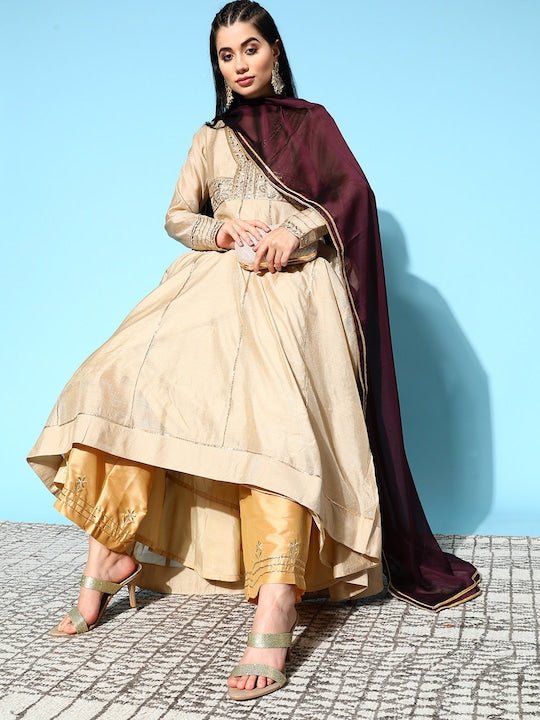 Women Beige Chanderi Cotton Hyper Texture Kurta - Inddus.com