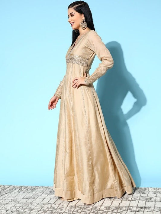 Women Beige Chanderi Cotton Hyper Texture Kurta - Inddus.com