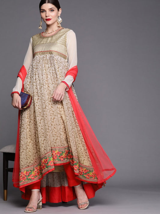 Women Beige Floral Yoke Design Pleated Thread Work Kurta with Trousers & With Dupatta - Inddus.com