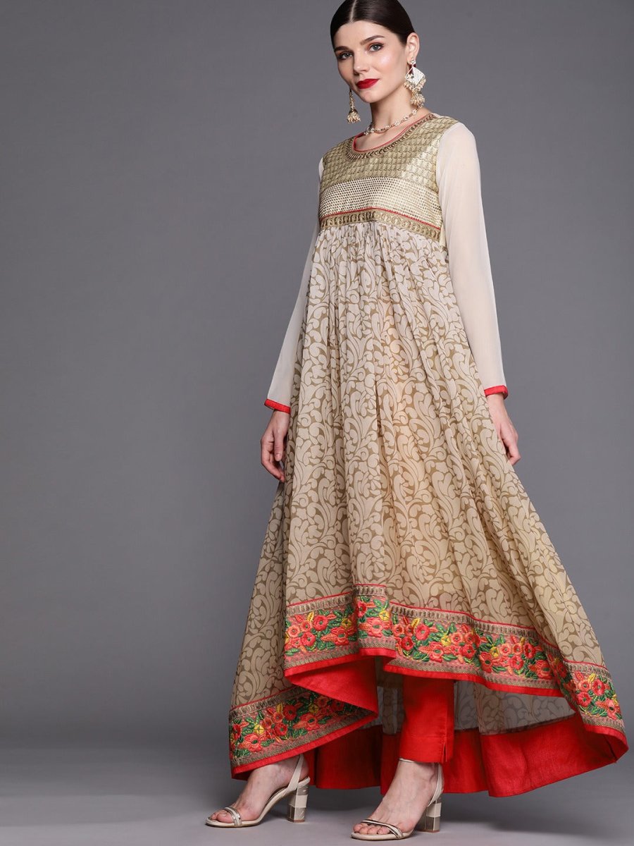 Women Beige Floral Yoke Design Pleated Thread Work Kurta with Trousers & With Dupatta - Inddus.com