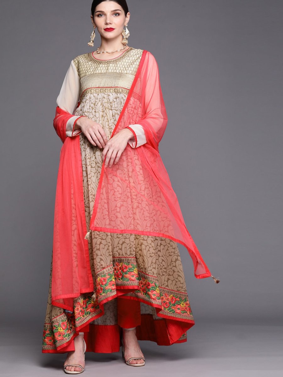 Women Beige Floral Yoke Design Pleated Thread Work Kurta with Trousers & With Dupatta - Inddus.com