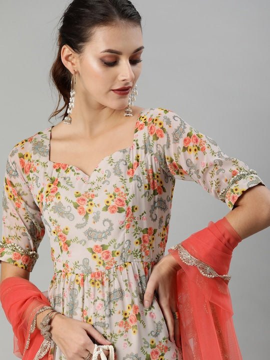 Women Beige & Peach-Coloured Floral Print Anarkali Kurta With Dupatta - Inddus.com