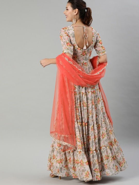 Women Beige & Peach-Coloured Floral Print Anarkali Kurta With Dupatta - Inddus.com