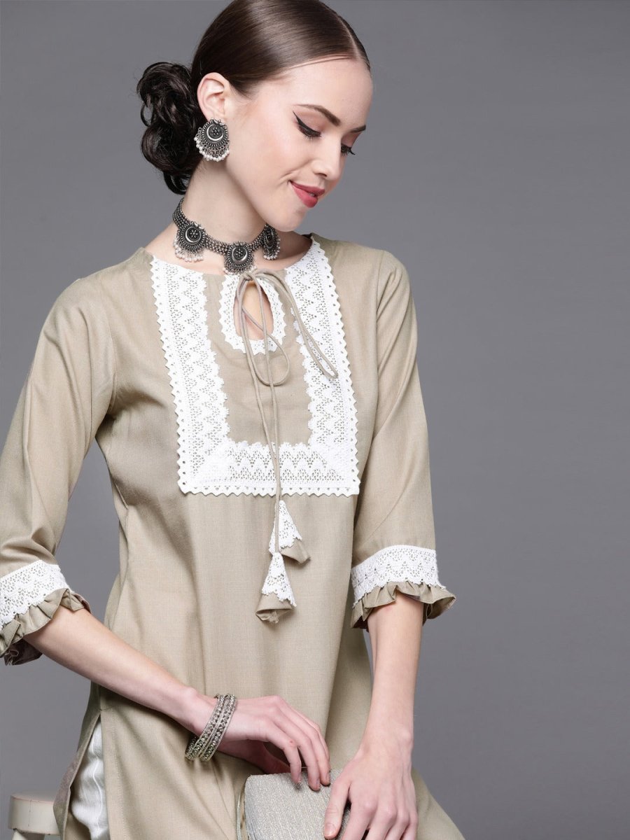 Women Beige & White Yoke Design Kurta - Inddus.com