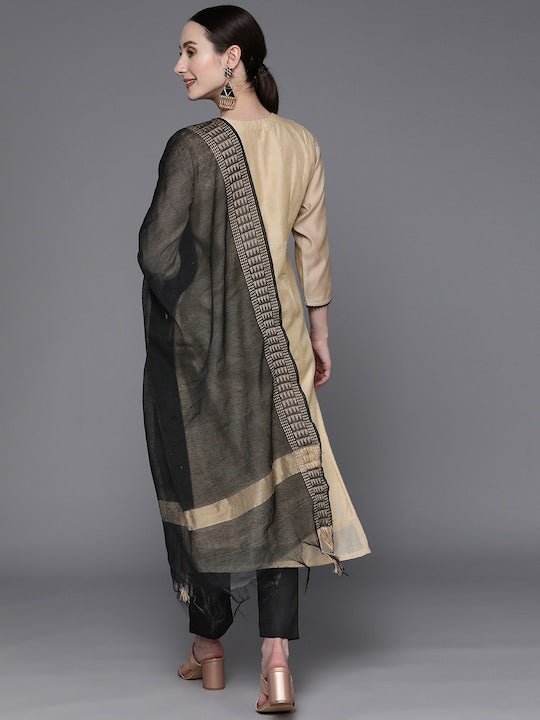 Women Beige Yoke Design Thread Work Kurta with Trouser and Dupatta - Inddus.com