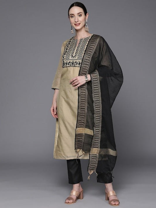 Women Beige Yoke Design Thread Work Kurta with Trouser and Dupatta - Inddus.com