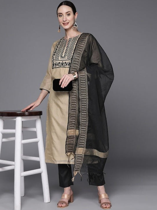 Women Beige Yoke Design Thread Work Kurta with Trouser and Dupatta - Inddus.com