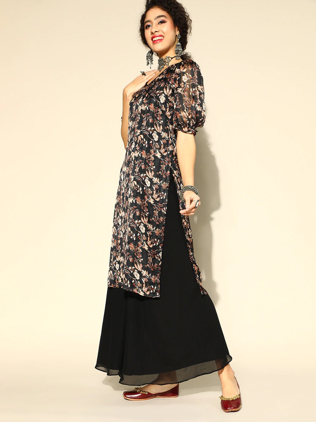 Women Black & Beige Floral Print Satin Finish Kurta with Palazzo & Ruffled Dupatta - Inddus.com