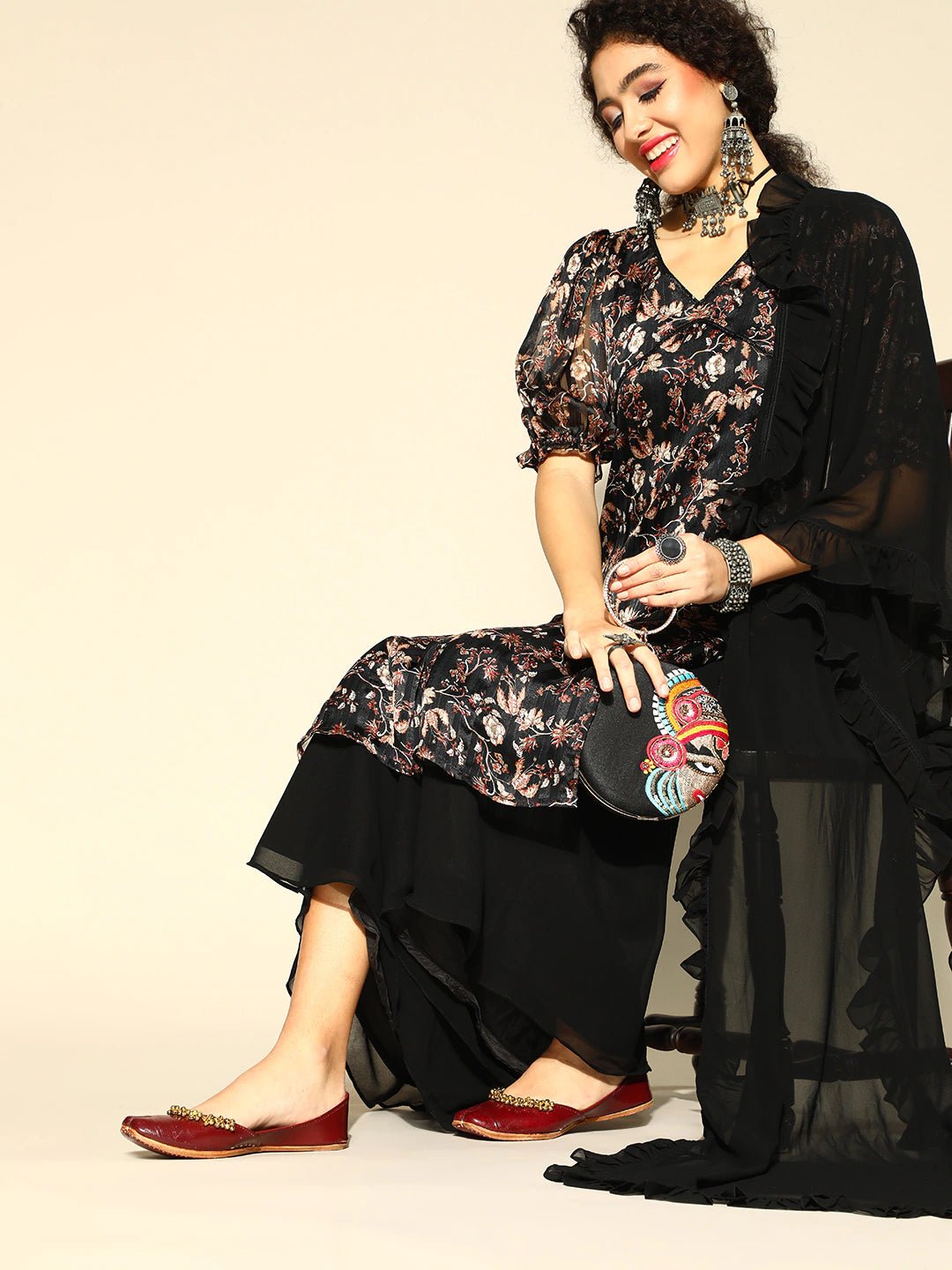 Women Black & Beige Floral Print Satin Finish Kurta with Palazzo & Ruffled Dupatta - Inddus.com