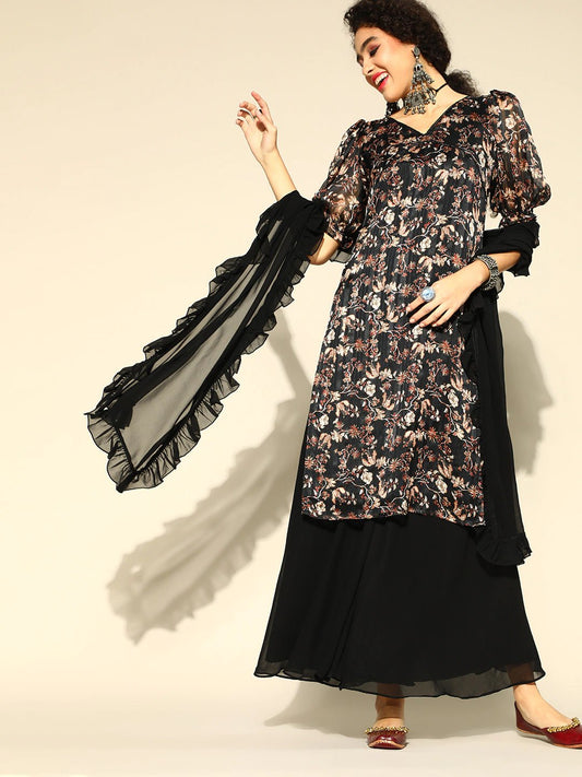 Women Black & Beige Floral Print Satin Finish Kurta with Palazzo & Ruffled Dupatta - Inddus.com