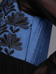 Women Black & Blue Floral Yoke Design Thread Work Georgette Anarkali Kurta - Inddus.com