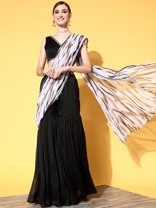 Women Black Brown Tie Dye Sharara Drape Saree with Blouse Piece - Inddus.com