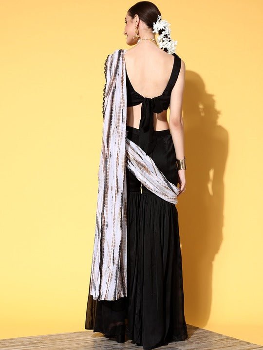 Women Black Brown Tie Dye Sharara Drape Saree with Blouse Piece - Inddus.com