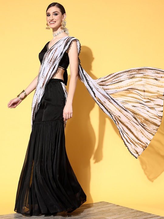 Women Black Brown Tie Dye Sharara Drape Saree with Blouse Piece - Inddus.com