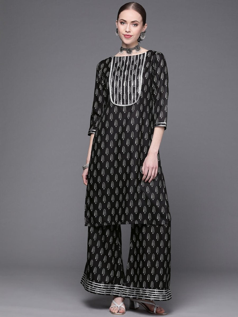 Women Black Ethnic Motifs Printed Kurta with Palazzos - Inddus.com