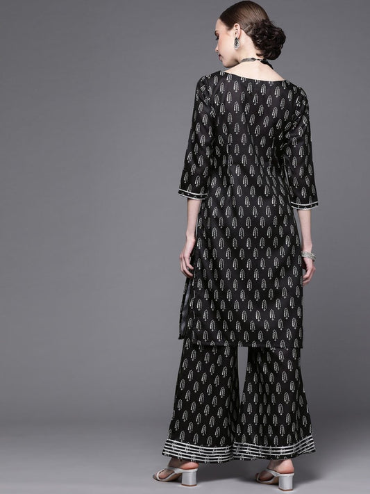 Women Black Ethnic Motifs Printed Kurta with Palazzos - Inddus.com