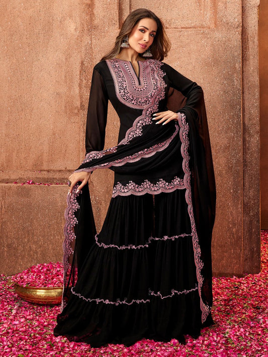 Women Black Ethnic Motifs Thread Work Kurta with Skirt & With Dupatta - Inddus.com