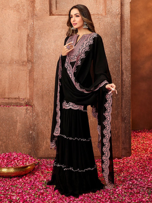 Women Black Ethnic Motifs Thread Work Kurta with Skirt & With Dupatta - Inddus.com