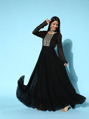 Women Black Ethnic Yoke Embroidered Georgette Maxi Dress - Inddus.com