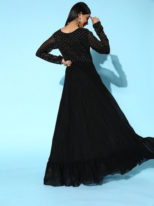 Women Black Ethnic Yoke Embroidered Georgette Maxi Dress - Inddus.com