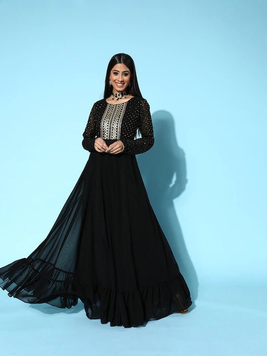 Women Black Ethnic Yoke Embroidered Georgette Maxi Dress - Inddus.com