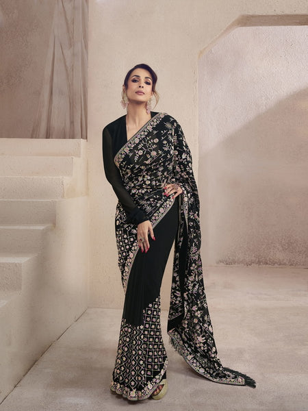 Satrani Black Printed Saree With Unstitched Blouse