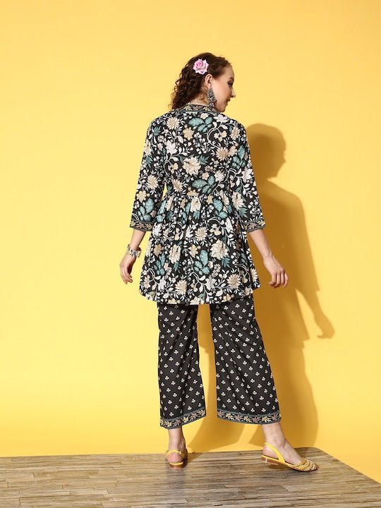 Women Black Floral Printed Pleated Kurti with Trousers - Inddus.com