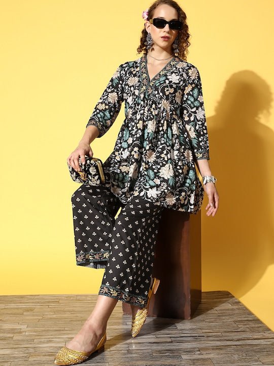 Women Black Floral Printed Pleated Kurti with Trousers - Inddus.com