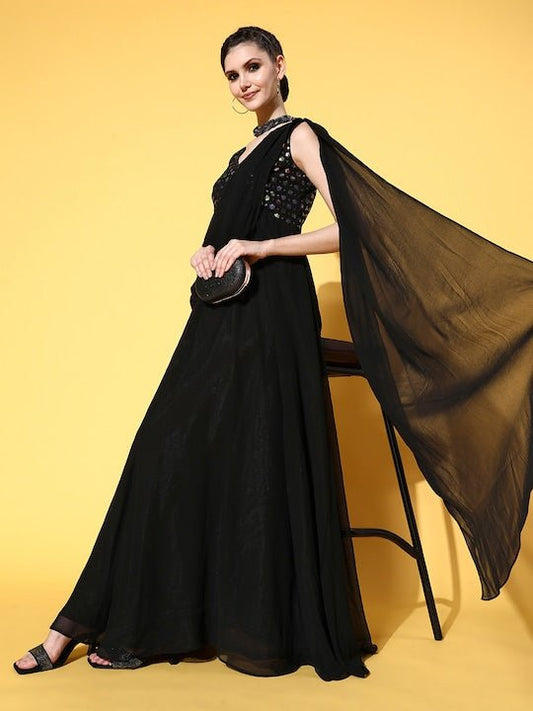 Women Black Georgette Elevated Gown - Inddus.com