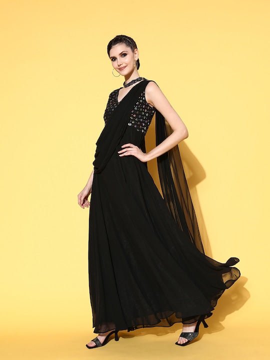 Women Black Georgette Elevated Gown - Inddus.com