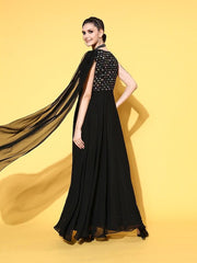 Women Black Georgette Elevated Gown - Inddus.com