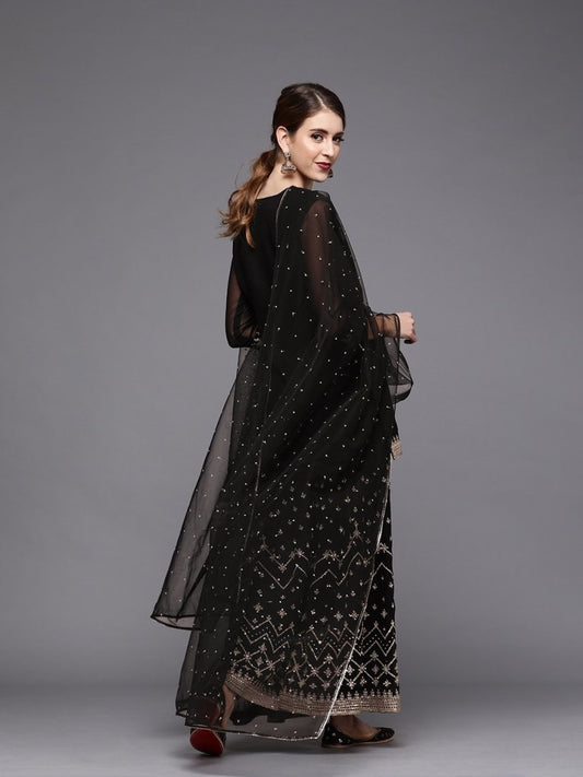 Women Black Georgette Kurti with Embroidered Sharara & Dupatta - inddus-us