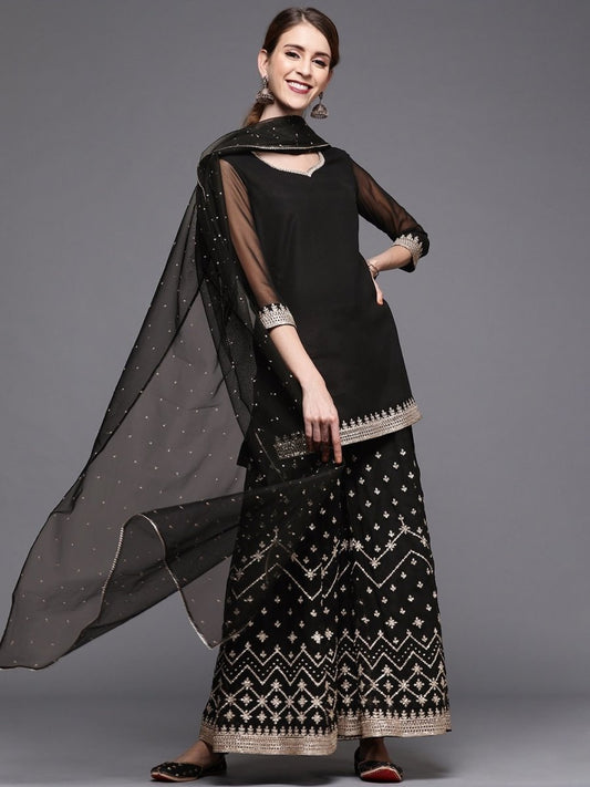 Women Black Georgette Kurti with Embroidered Sharara & Dupatta - inddus-us