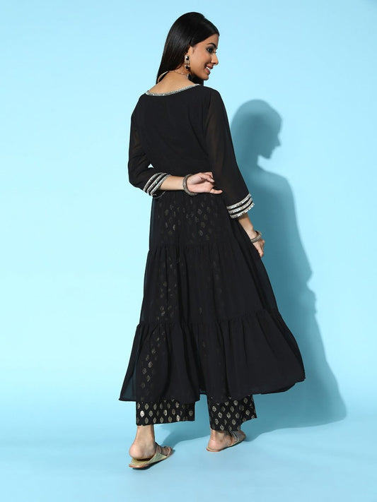 Women Black Georgette Swirling Volume Kurta - Inddus.com