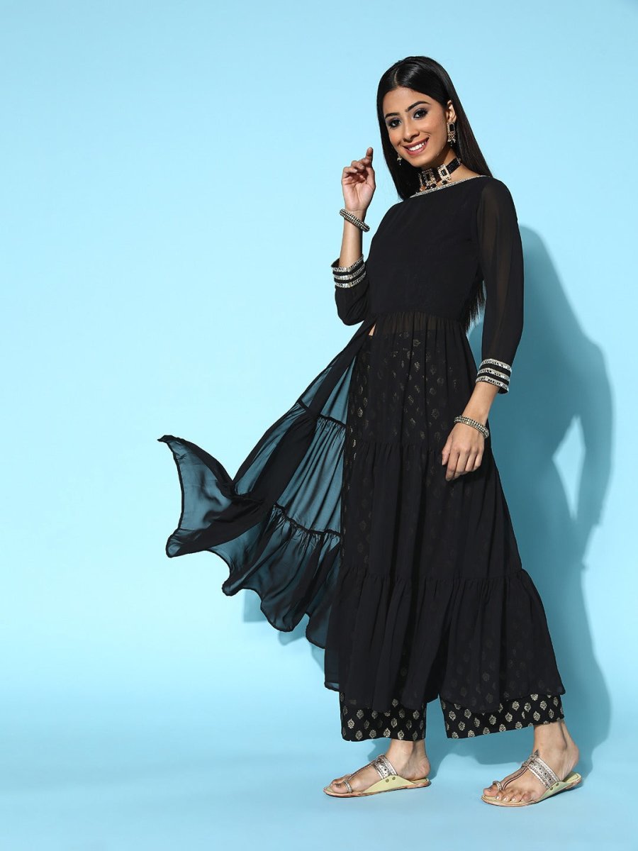 Women Black Georgette Swirling Volume Kurta - Inddus.com