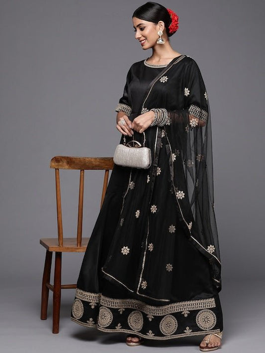 Women Black & Gold-Toned Ethnic Motifs Embroidered Satin Anarkali Kurta - Inddus.com