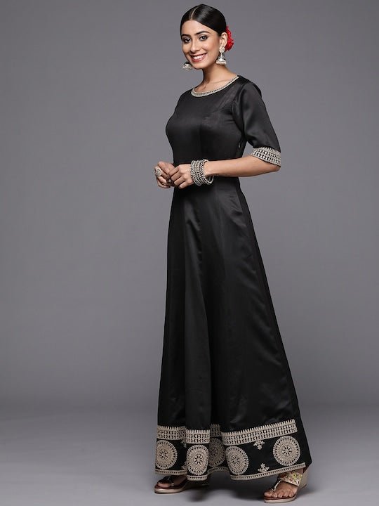 Women Black & Gold-Toned Ethnic Motifs Embroidered Satin Anarkali Kurta - Inddus.com