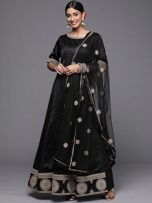 Women Black & Gold-Toned Ethnic Motifs Embroidered Satin Anarkali Kurta - Inddus.com