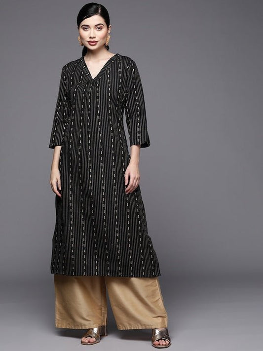 Women Black & Gold-Toned Striped Pleated Pure Cotton Kurta - Inddus.com