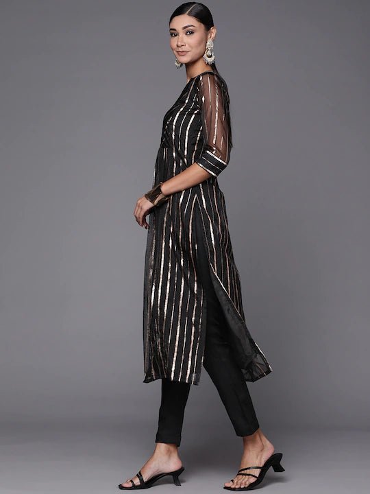 Women Black Gold Zari Woven Kurta and Trouser - Inddus.com