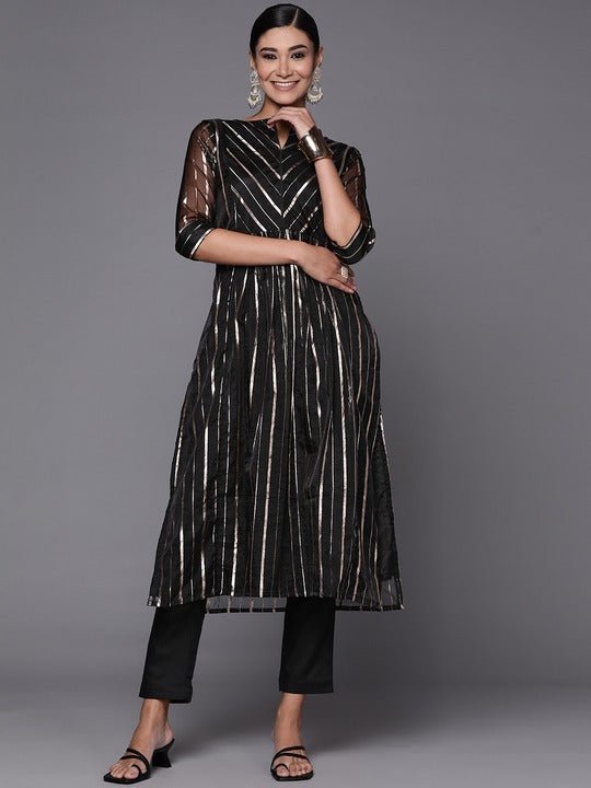 Women Black Gold Zari Woven Kurta and Trouser - Inddus.com