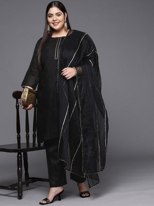 Women Black Gotta Patti Chanderi Cotton Kurta with Trousers & With Dupatta - Inddus.com